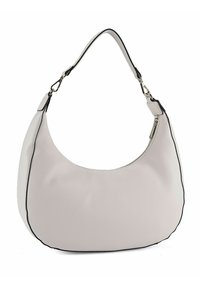 Borsa hobo in morbida pelle bianca con rifiniture nere, texture liscia, forma curva, chiusura con cerniera e una sola tracolla.