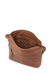 Borsa in pelle marrone con scomparto principale con zip, tasche per carte interne e ulteriore tasca esterna con zip. Texture liscia, design moderno.