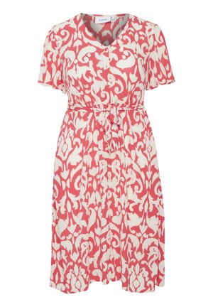 Rød og hvid mønstret kjole, korte ærmer, V-hals, indsnævret talje med et bælte, let stof, der har et blomstret og abstrakt design.