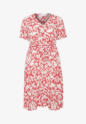 Rød og hvid mønstret kjole, korte ærmer, V-hals, indsnævret talje med et bælte, let stof, der har et blomstret og abstrakt design.