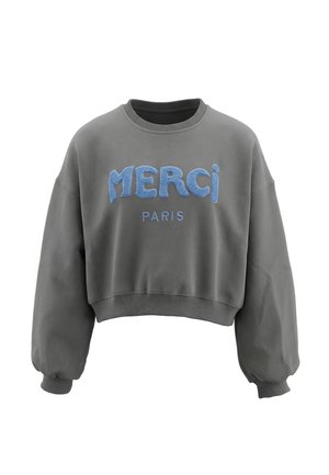 Szara, krótka bluza z długimi rękawami, ściągaczami i niebieskim, wypukłym napisem ""MERCI PARIS"" z przodu.