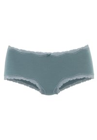 Magliette boyshorts in cotone misto color teal, con pizzo lungo la vita e le gambe, e un piccolo fiocco decorativo al centro frontale. Texture morbida.