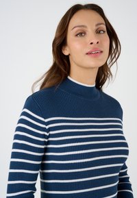 Vrouw met lang bruin haar, gekleed in een blauw-wit gestreepte ribbelsweater met een hoge hals, die iets omhoog kijkt.