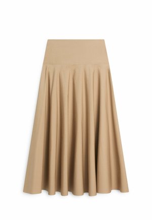 Jupe midi beige taille haute, évasée, avec une ceinture lisse et des plis doux, étalée à plat sur un fond blanc.