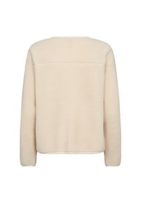 Krämfärgad fleece-pullover med en strukturerad, mjuk yta. Har långa ärmar och en rundad nederkant. Enkel design utan dekorationer.