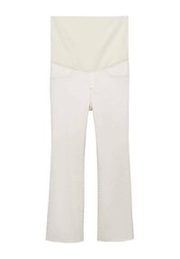 Jeans beige a zampa d'elefante con una cintura liscia e elastica e tasche frontali. Il tessuto appare leggero e morbido al tatto.