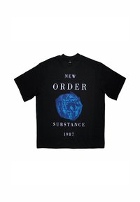 Black cotton t-shirt featuring a large blue rose graphic with text: "NEW ORDER SUBSTANCE 1987" in white font. Short sleeves, round neckline.