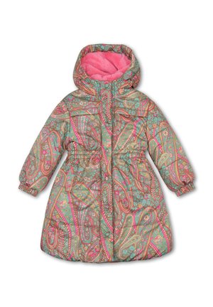 Kleurvolle pufferjas met paisleypatroon, voorzien van een roze fleece voering, elastische manchetten en een capuchon, gemaakt van een glanzend synthetisch materiaal.
