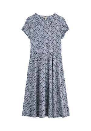 Vestido corto de manga corta azul y blanco con estampado floral, escote en V y falda plisada, hasta la rodilla, tela ligera.
