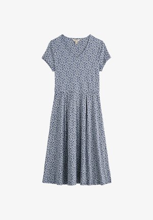 Vestido corto de manga corta azul y blanco con estampado floral, escote en V y falda plisada, hasta la rodilla, tela ligera.