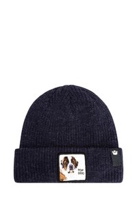 Beanie lavorato a maglia di colore blu navy con texture a coste e risvolto. Presenta una patch rettangolare con il volto di un cane e la scritta "TOP DOG".