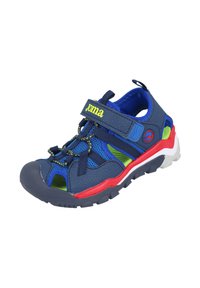 Zapato acuático en azul marino con parte superior de malla, correa de velcro y cordones elásticos. Presenta acentos coloridos en verde y rojo, con una suela de buen agarre.