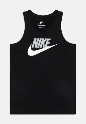 Crni bezrukavni Nike majica od pamuka, s velikim bijelim Nike logotipom na prsima i okruglim izrezom.