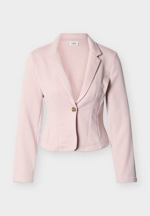 Ροζ ανοιχτόχρωμο στενό σακάκι με μακριά μανίκια, κούμπωμα με ένα κουμπί από φίδι και πέτο με σχισμή.