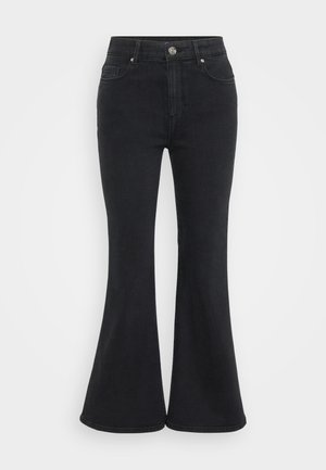 Zwarte flare jeans van denim met een hoge taille, voorzien van een knoopsluiting, zakken aan de voorkant en een gladde, matte afwerking.