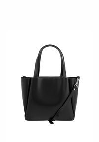 Mustast nahast kandekott minimalistliku disainiga, mis sisaldab kahte vastupidavat käepidet ja eemaldatavat õlarihma, sileda tekstuuri ja õmmeldud detailidega.