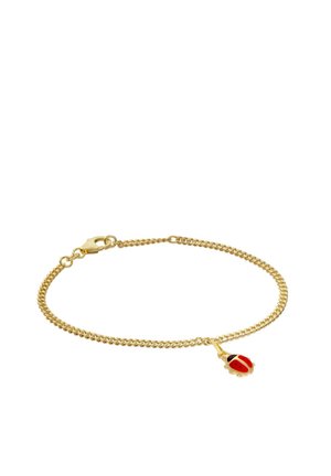 Goldkettchen-Armband mit Karabinerverschluss und einem kleinen rot-schwarzen Marienkäfer-Anhänger.