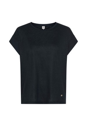 Sort dame-top med korte ærmer, rund halsudskæring, løs pasform og lille metalbrandlogo nær den nederste kant.
