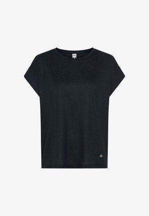 Sort dame-top med korte ærmer, rund halsudskæring, løs pasform og lille metalbrandlogo nær den nederste kant.