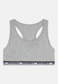 Pelēks kokvilnas sporta krūšturis ar racerback dizainu un kontrastējošu melnu elastīgu joslu ar "CONVERSE" tekstu un logotipu.