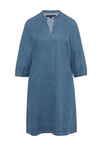 Jeanskleid in Hellblau, mit runder Ausschnittlinie, halblangen Ärmeln mit elastischen Bündchen und gerader Silhouette mit minimaler Naht.