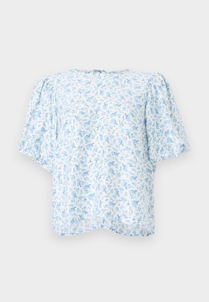 Blusa com padrão floral em azul claro e branco, apresentando mangas curtas bufantes e um corte solto com decote redondo e fecho nas costas.