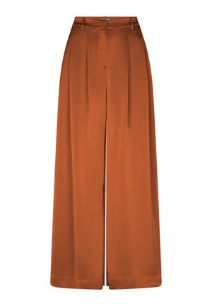 Wijde broekspijpen, hoog in de taille, roest-oranje broek met riemlussen, plooien aan de voorkant en een rits aan de voorkant.