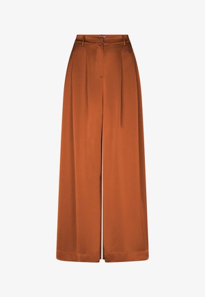 Wijde broekspijpen, hoog in de taille, roest-oranje broek met riemlussen, plooien aan de voorkant en een rits aan de voorkant.