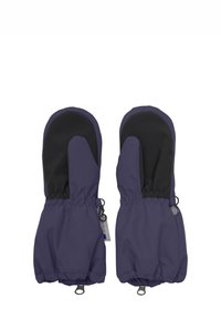 Lila vantar med svart nätaccessoarer, tillverkade av vattentätt material. Elastiska muddar för en snug passform och öglor för enkel förvaring.