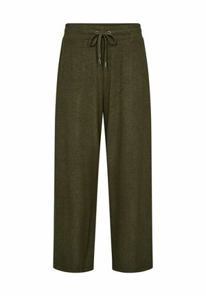 Olivově zelené široké kalhoty vyrobené z měkké látky, s elastickým pasem na šňůrku a jemnou texturou.