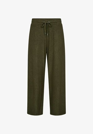 Olive green, wide-leg trousers made of soft fabric, featuring an elastic waistband with a drawstring and a subtle texture.