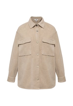 Beige Overshirt aus weichem Stoff, mit klassischem Kragen, zwei Fronttaschen und Knopfverschluss, in entspannter Passform und mit langen Ärmeln.