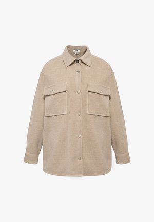 Beige Overshirt aus weichem Stoff, mit klassischem Kragen, zwei Fronttaschen und Knopfverschluss, in entspannter Passform und mit langen Ärmeln.