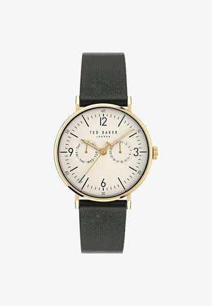 Schwarze Lederarmbanduhr mit einem Gehäuse in Goldton, weißem Zifferblatt, Stundenmarkierungen und zwei Teilzifferblättern zur Anzeige von Wochentag und Datum.