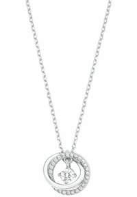 Collana in argento con due pendenti circolari interconnessi. Un pendente è decorato con piccole cristalli, con una pietra centrale trasparente.