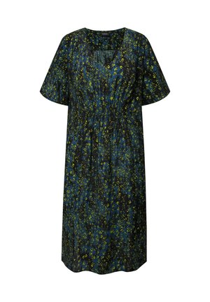 Løs siddende kjole i mørkt stof med et blåt og grønt blomstermønster, med korte ærmer og firkantet udskæring.