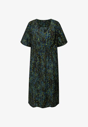 Vestido holgado de tela oscura con un estampado floral azul y verde, que presenta mangas cortas y un escote cuadrado.