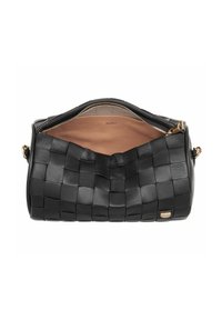 Borsa a mano in pelle nera con texture intrecciata, hardware dorato e chiusura con zip; interno in tonalità avorio con finitura liscia.