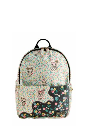 Seljakott pastellistes lillemustrites, musta taskuga, millel on värvikad lilled ja multifilmikaru ning tegelaskujude illustratsioonid.