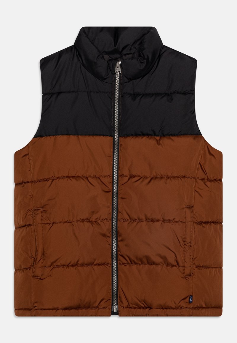 Veste sans manches matelassée avec fermeture éclair à l'avant, partie supérieure noire et partie inférieure marron, avec deux poches latérales et un col montant.