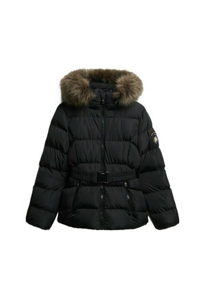 Schwarze gepolsterte Winterjacke mit pelzverziertem Kapuzenrand, Frontreißverschluss, zwei Reißverschlusstaschen, elastischem Gürtel und Logo-Patch am Ärmel.