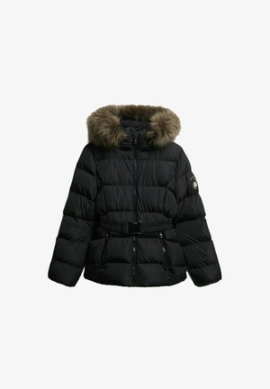 Giacca invernale nera imbottita con cappuccio con bordo in pelliccia, cerniera frontale, due tasche con cerniera, cintura elastica e patch con logo sulla manica.