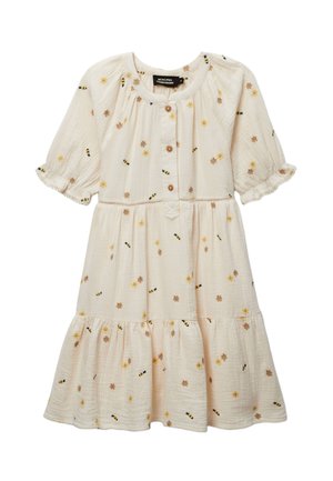 Robe en coton crème avec manches courtes bouffantes, boutons devant et motif de petites fleurs jaunes et d’abeilles.