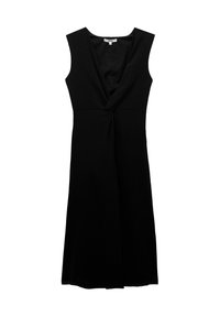 Vestito nero senza maniche con scollatura a V e dettaglio a torsione sul davanti, realizzato in tessuto testurizzato, aderente al busto e gonna svasata.