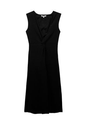 Vestido negro sin mangas con escote en V y detalle trenzado en el frente, hecho de tela texturizada, ajustado en el cuerpo y con falda acampanada.