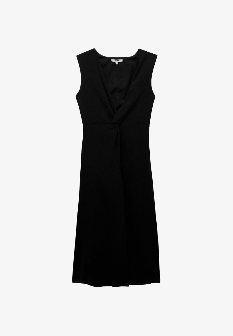Vestito nero senza maniche con scollatura a V e dettaglio a torsione sul davanti, realizzato in tessuto testurizzato, aderente al busto e gonna svasata.