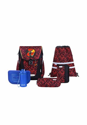 Red and black patterned school backpack, matching drawstring bag, pencil case, wallet, and blue water bottle and lunchbox set.