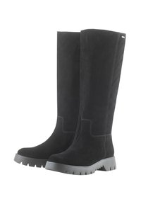 Schwarze Wildleder-Stiefel bis zum Knie mit texturierter Oberfläche, ausgestattet mit einem Blockabsatz und einer Gummisohle, entworfen mit einem seitlichen Reißverschluss für einfaches An- und Ausziehen.