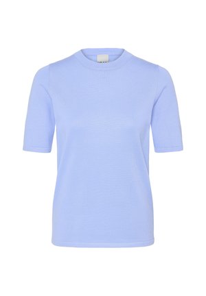 T-shirt ajusté bleu clair à manches courtes et col rond, en tissu côtelé, présenté sur un fond blanc.