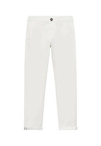 Pantaloni tapered bianchi in cotone con chiusura a bottone, due tasche frontali, orli arrotolati e texture liscia. Nessun motivo o grafica visibile.